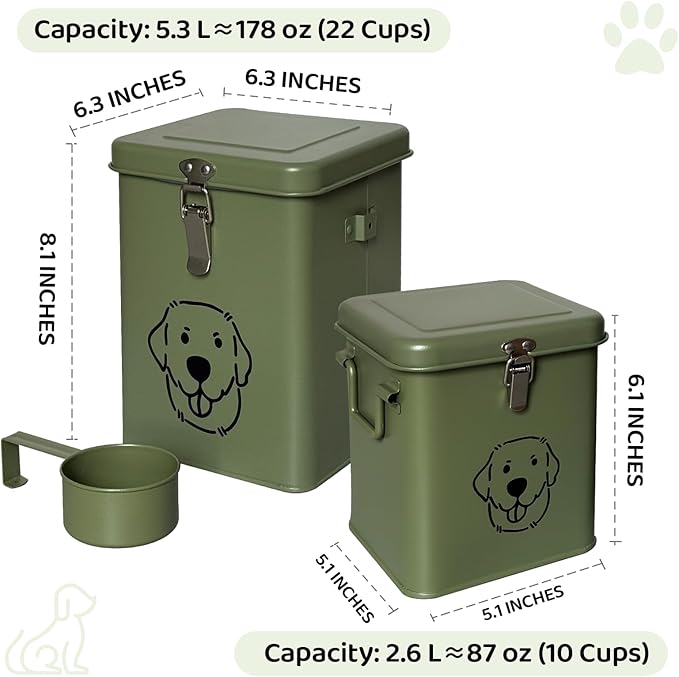 Dog Food Storage Container Airtight Dog Treat Container Pet Food Storage Containers Dog Treat Jar Tinplate Dog Treat Bin Olive Green