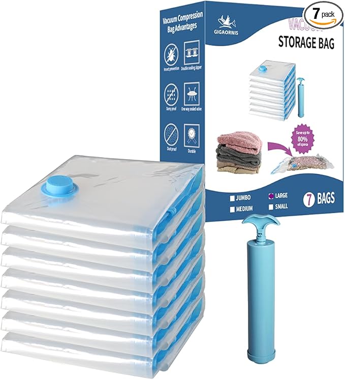 7 Pack Large Space Saver Vacuum Storage Bags for Clothing Travel, Vacuum Seal Compression Bags for Clothes, Packing, Luggage, Blankets, Comforters and Pillows, Hand Pump Included