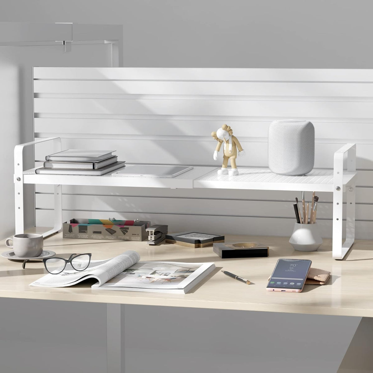 Expandable Cabinet Shelf Organizer Adjustable Metal Spice Rack Stackable Freestanding Counter Storage Shelves for Kitchen Cabinet Under Sink Office Desk (White - 3Pack - L16.5-27'' * W8'' * H9.6'')