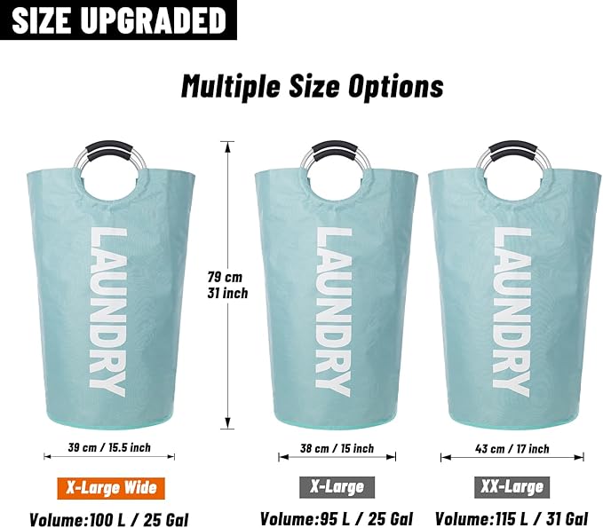 Caroeas 100L Laundry Basket,Large Laundry Hamper, Laundry Bag with Padded Handles, Clothes Hamper Stands Up Well, Collapsible Free Standing Easy Storage Washing Bin (Light Blue,100L)