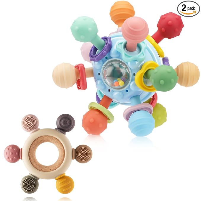 2 Pack Baby Teething Toys for 0-6 6-12 Months, Silicone Soothing Baby Teether Toys & Montessori Sensory Toys for Boy Girl, Safe and Durable Teething Toys for Newborn Infant