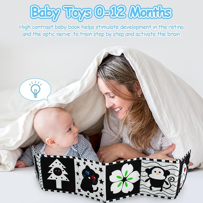 Cawgug Black and White High Contrast Baby Toys for Newborn Brain Development Tummy Time Soft Book Babies 0-3 6-12 Months Montessori Learning Activities Infant and Sensory Visual Stimulation Toys