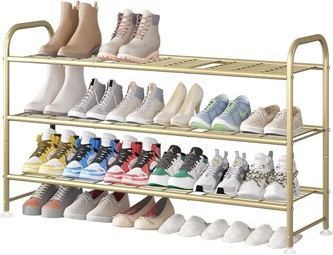 LINZINAR Shoe Rack Long 3 Tier Shoe Storage Organizer Metal Wide Shoe Shelf for Closet Entryway Bedroom 24 Paris Large Capacity, Gold
