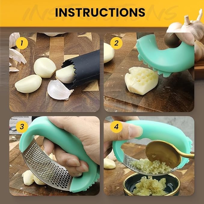 Garlic Press Rocker Stainless Steel, Garlic Crusher with Peeler & Cleaning Brush, Easy to Use Garlic Mincer for Kitchen Cooking, Ergonomic Garlic Chopper Tool, Durable Garlic Presser Gadget (Black)