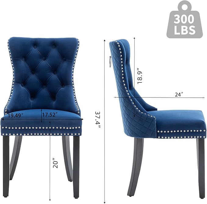 Velvet Dining Chairs Set of 2, Upholstered Dining Room Chairs with Nailhead Trim, Sillas de Comedor Modernas 2, Wooden Kitchen Chairs for Dining Room, Living Room, Kitchen, Bedroom, Blue