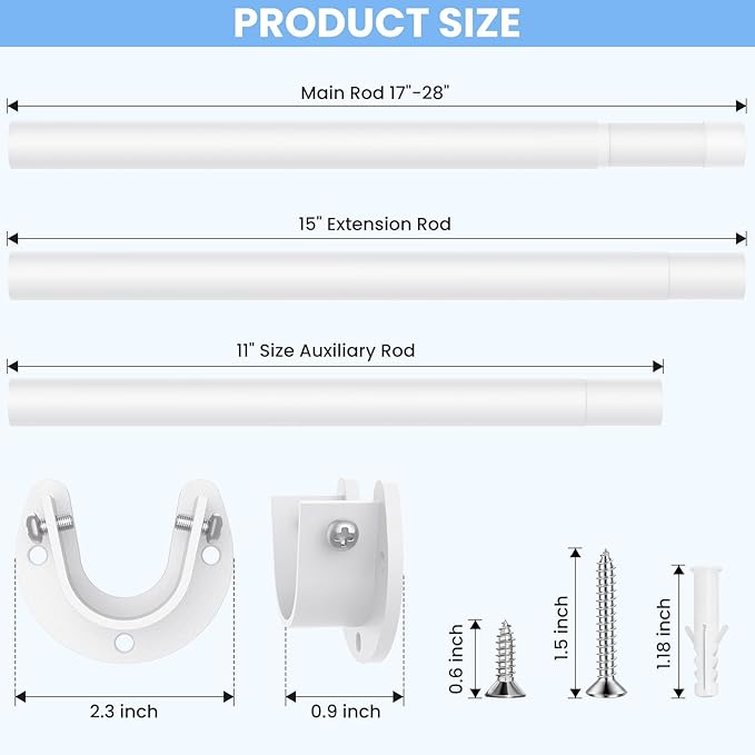 2 Pack Closet Rods for Hanging Clothes, 17 to 84 Inch Heavy Duty Stepless Adjustable Closet Hanging Rod, 1.3 Inch Diameter Metal Closet Rod for Wardrobes Laundry Bedroom RV, White