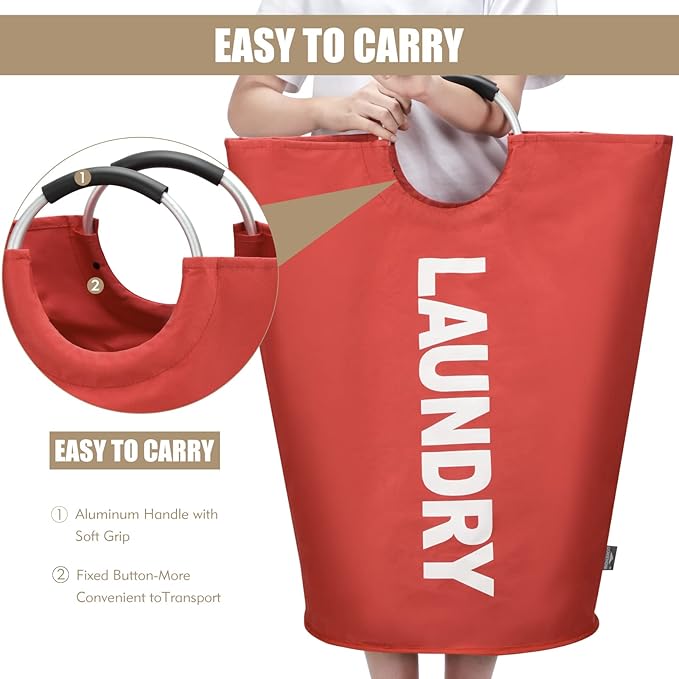 DOKEHOM 90L Large Laundry Basket, Collapsible Laundry Bag, Freestanding Tall Clothes Hamper, Foldable Washing Bin (Red)