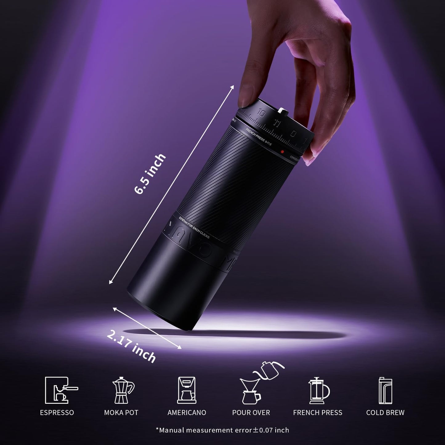 MAVO Manual Coffee Grinder, Phantox Pro Burr Coffee Grinder, Professional 45mm Stainless Steel Grinding Core, Capacity 30g, 120 Clicks Adjustment, Hand Coffee Grinder for Espresso, Pour Over, Silver