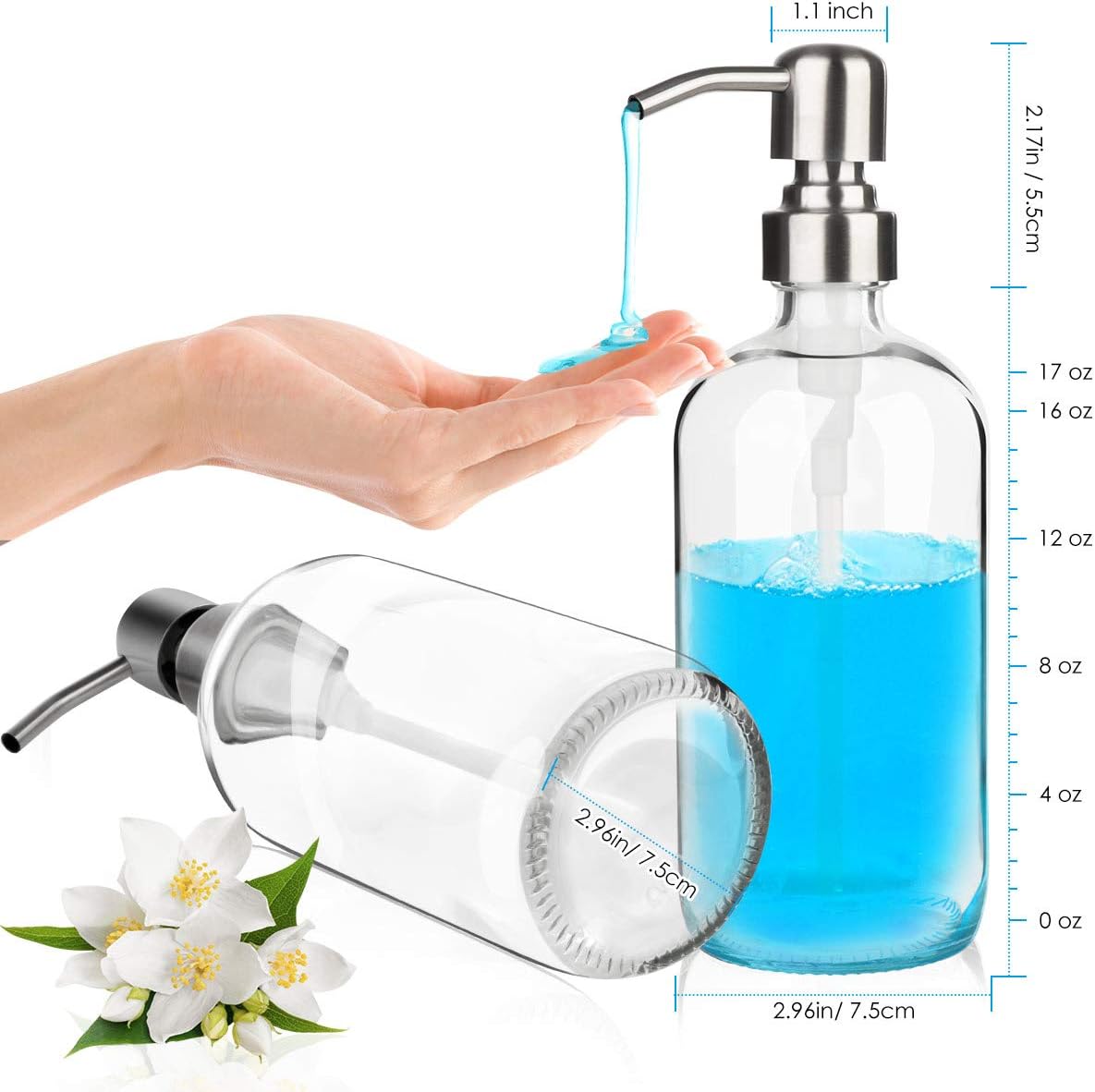 ARKTEK Glass Soap Dispenser - Clear Dish Soap Dispenser for Kitchen, Refillable Liquid Hand SoapDispenser with Rust Proof Stainless Steel Pump for Bathroom, Countertop (17 Ounce/ 500 ML)