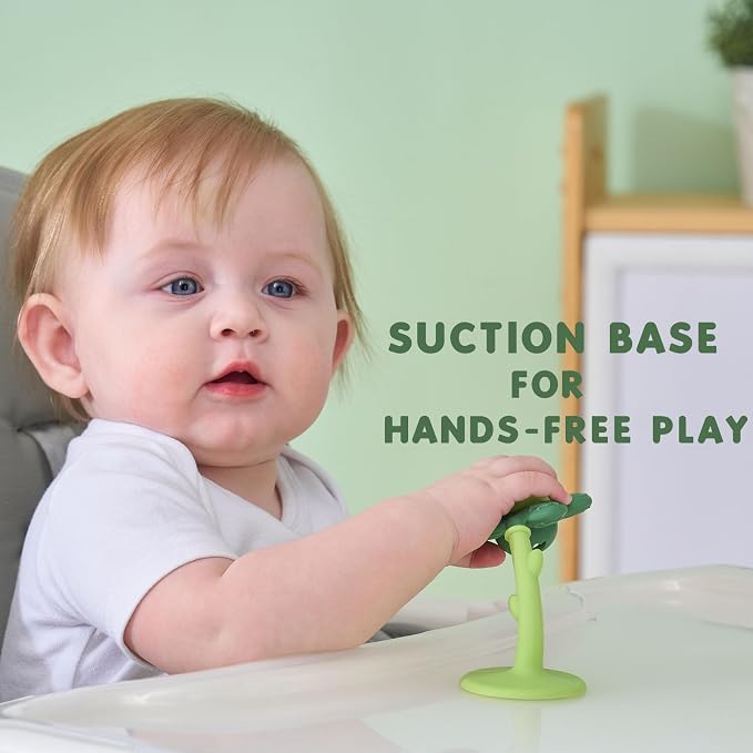 Baby Teething Toys and Rattle 2-in-1 for Babies 0-6 6-12 Months, Food Grade Silicone Teethers for Baies 3-6 Months, Infant Teething Relief Chew Toys, Sunnyflower Teether Toy BPA Free - Green