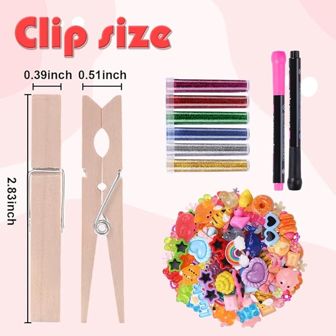 JOICEE 80PCS Cheer Pins Spirit Clips,Include 80 Natural Wooden Clothes Pins 126 Resin Animals Bows Daisy and Stickers Pen 300 Beads Pearls for Cheerleading Backpacks Ribbon Team Cheer Gifts