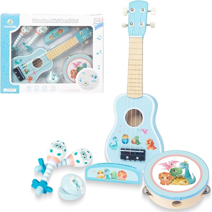 Kids Guitar for Girls, Wooden Musical Instruments Toys with Ukulele, Tambourine, Maracas, Harmonica, Mini Band Sets for Toddlers 2 3 Years Old Birthday Gift (Blue for Boys)
