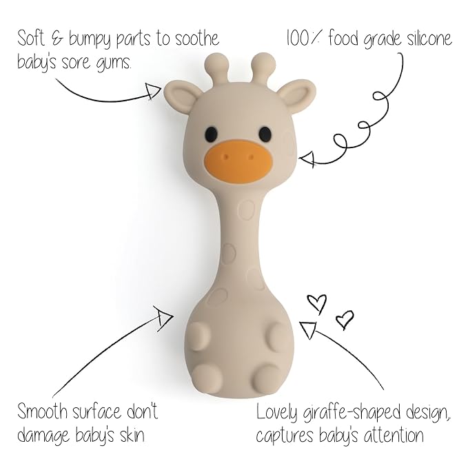 Silicone Little Giraffe Shaker Rattle Toy for Babies | Food Grade Silicone Teether | Easy to Grip | BPA Free (Olive Green)