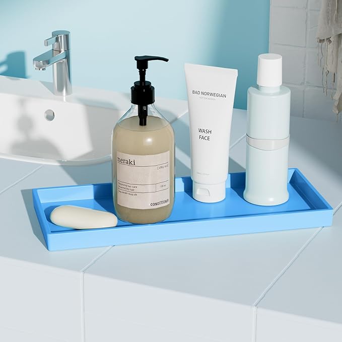 Vanity and Bathroom Tray, 11.8" ABS Countertop Organizer,Waterproof Vanity Tray for Toilet Tank,Perfume,Soap,Keys,Bathroom Accessories,Kitchen and Bath Trays,Non Slip Small Trays,Blue