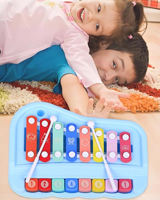 2 in 1 Piano Xylophone for Toddlers ,8 Multicolored Cause and Effect Toys Baby Xylophone,Musical Instrument Toy Piano for Toddlers (Blue)