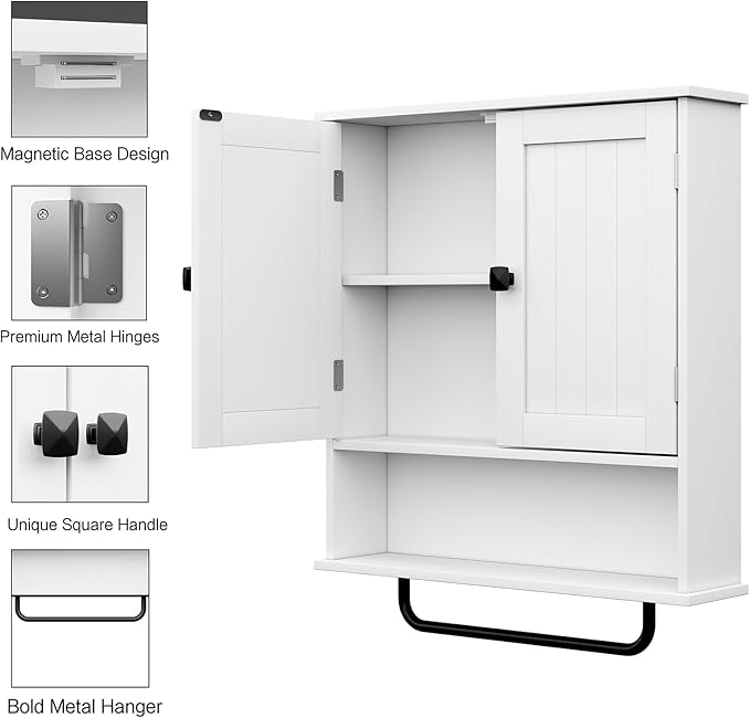 RRX Bathroom Cabinet Wall Mounted Medicine Cabinets with Towels Bar, Over The Toilet Storage Cabinet with 2 Doors and Adjustable Shelf, White Wall Cabinet for Bathroom Laundry Kitchen