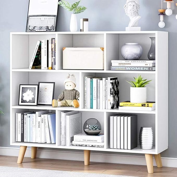 IOTXY Wooden Open Shelf Bookcase - 3-Tier Floor Standing Display Cabinet Rack with Legs, 8 Cubes Bookshelf, Warm White