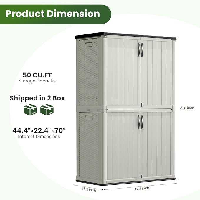 Greesum Outdoor Storage Shed Without Divider, 45 cu.ft Outdoor Waterproof Storage Cabinet for Garden Tools, Pool Storage, Garbage Cans, Beige