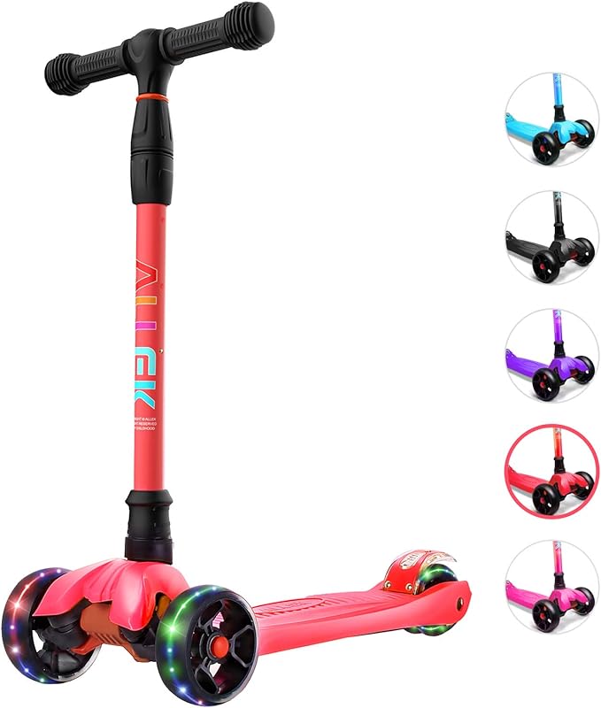 Allek Kick Scooter B02, Lean 'N Glide Scooter with Extra Wide PU Light-Up Wheels and 4 Adjustable Heights for Children from 3-12yrs (Red)