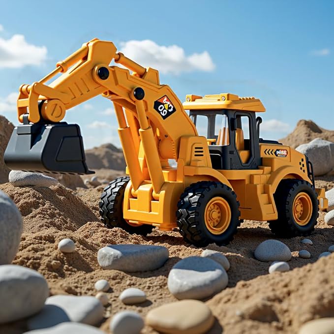 11" Excavator Toy, 1: 18 Scale, Rolling Wheels Inertia-Powered, Heavy‑Duty Plastic, with Lights & Rumbling Action, Working Boom & Bucket, Indoor/Outdoor Sandbox Vehicle for Ages 3 + - Easter Gifts