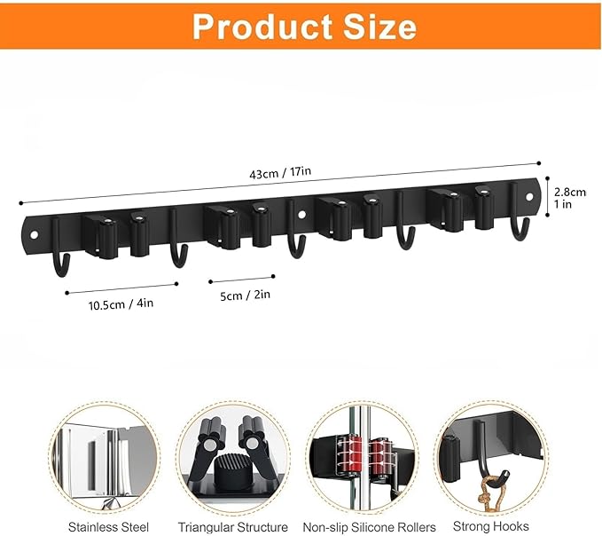 Mop and Broom Holder Wall Mount, Upgraded Broom Organizer Wall Mount, Stainless Steel Broom Hanger Wall Mount for Kitchen Garden Laundry Room Decor(4 Racks with 5 Hooks Black)