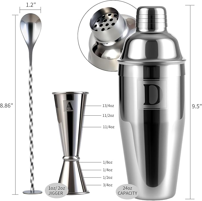 24oz Cocktail Shaker Set with 1 oz 2oz Jigger - Monogramm Initials Martini Shaker Set - 304 Stainless Steel Bar Shaker for Margarita,Mojito-Personalized Gift for Friend,Husband-Y