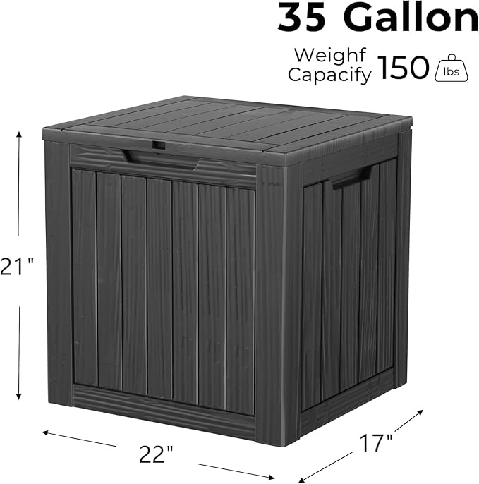 Outdoor Storage Box, 35 Gallon Resin Deck Box Waterproof for Patio, Poolside and Garden, Lockable UV-Resistant Storage Bin Bench Cabinet for Small Spaces, Black