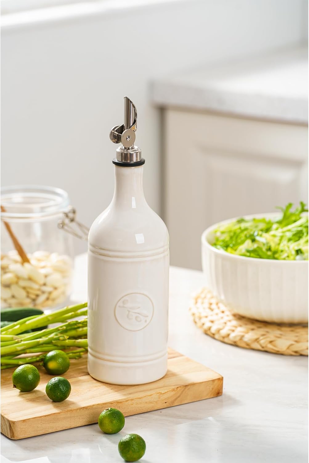Olive Oil Dispenser Bottle with Spout, 18 oz Ceramic Oil Dispensers for Kitchen, Opaque Cruet, EVOO & Vinegar Bottle with Automatic Stainless Steel Pourer, Pack of 1