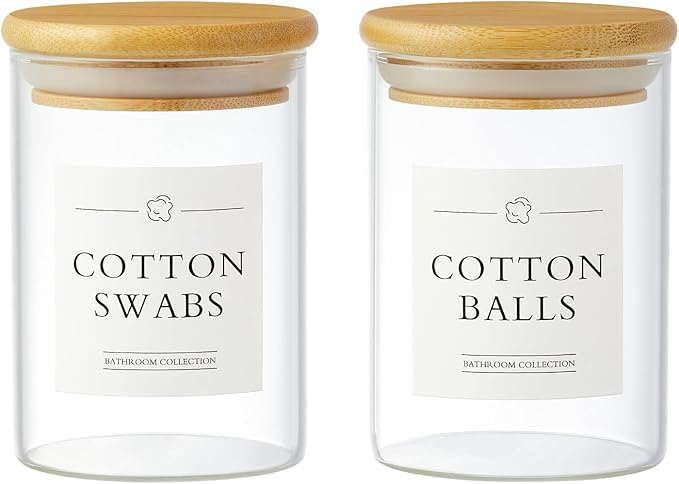 2 Pack Qtip Holder Dispenser - Glass Apothecary Jars with Lids, Cotton Ball Pad Swab Round Holder, Bamboo Bathroom Accessories, Bathroom Organizers Containers Jars Canisters with Lids