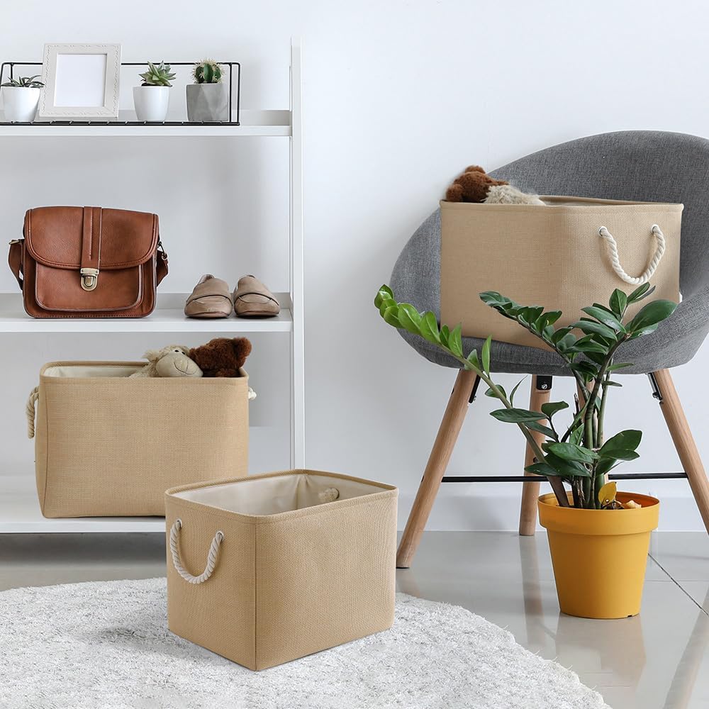 TheWarmHome Organization and Storage Basket for Organizing - 3 Pack 16x12x12 inch Cube Fabric Storage Cubes, Storage Bin for Shelves Gift Closet Organizer Cloth Toy (Beige)