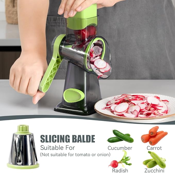 KEOUKE Rotary Cheese Grater Hand Crank Transparent - Shredder Slicer Grinder 3 Stainless Steel Blades, Stable Suction, Labor-Saving Handle, Safe Kitchen Tool for Cheese, Vegetable, Nuts, Chocolate