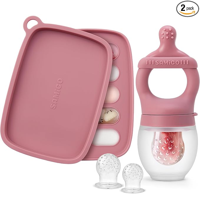 SAMiGO Baby Food Fruit Feeder and Breastmilk Popsicle Mold Set, Silicone Fruit Teether, Food Feeder Pacifier for Teething Relief, Freezer Tray, Baby Feeding Essentials, 4 Months+
