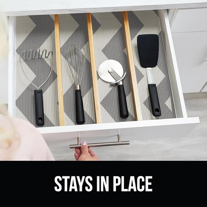 GORILLA GRIP powerGRIP Drawer Shelf and Cabinet Liner, Thick Strong Hold, Non-Adhesive Liners Protect Kitchen Cabinets and Cupboard, Bathroom Drawers, Easy Install, Breathable Mat, 12" x10' Gray White