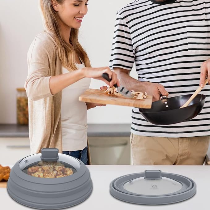 Microwave Splatter Cover Glass Cover Guard Lid with Collapsible Silicone for Food Pot Plate Cover 9.8 inch Light Grey