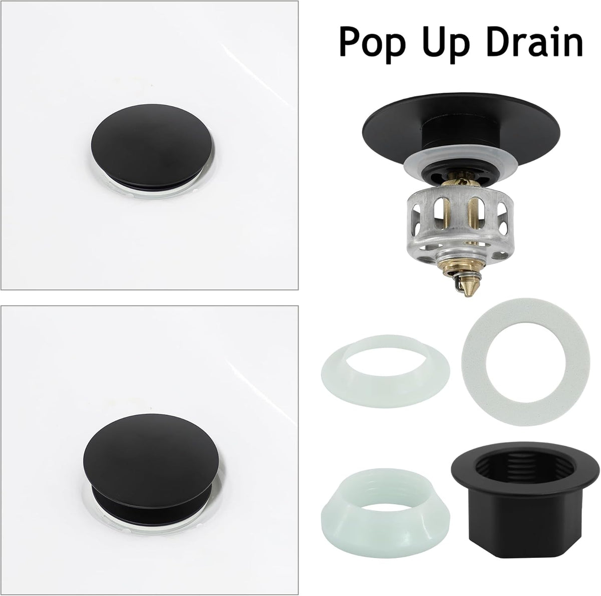 Bathroom Sink Drain,4 Pack Drain Stopper Without Overflow,Pop Up Drain Assembly with Detachable Strainer Basket,Built-in Anti-Clogging, Stainless Steel Nut Mattle Black