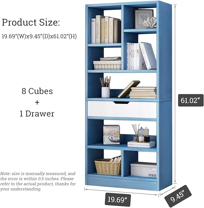 IOTXY Wooden Open Shelf Bookcase - 61" Height Freestanding Display Storage Cabinet Organizer with 8 Cubes and a Drawer, Floor Standing Bookshelf, Blue