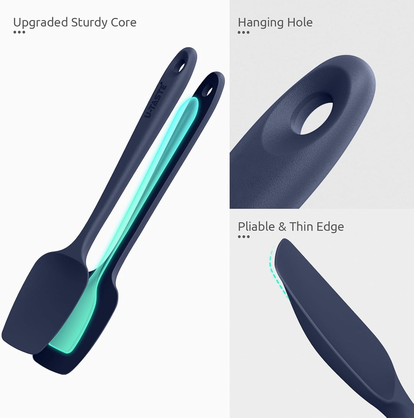 U-Taste Silicone Spoon Spatula Set: 480ºF Heat Resistant Food Grade Flexible Rubber Spoonula, Nonstick Cooking Mixing Scooping Kitchen Baking Scraper Utensils Set of 3 for Pan, Bowl (Midnight Blue)