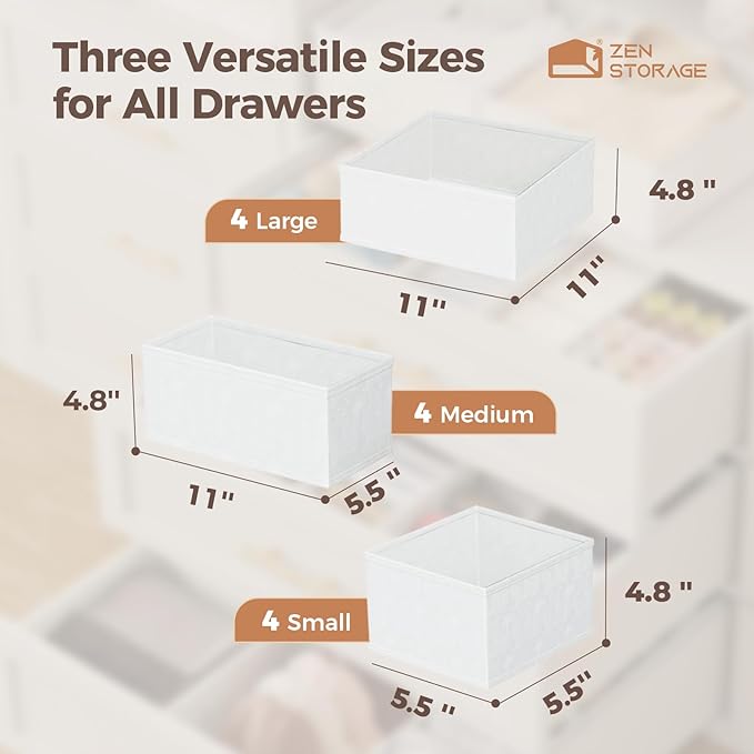 Sturdy Drawer Organizers (12-Pack) - Fabric Dresser Drawer Organizers & Dividers for Nursery Organization, Baby Organizers and Storage for Clothes, Socks & Underwear, White