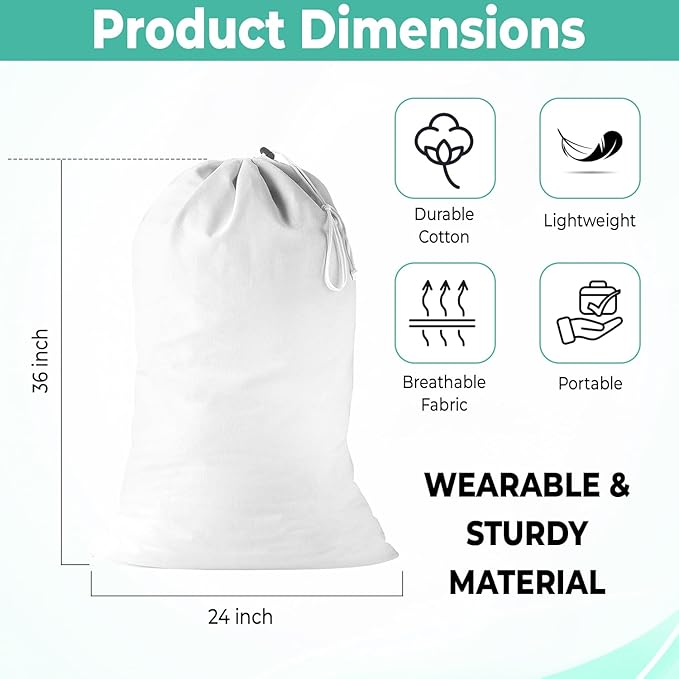 2 Pack - Extra Large Cotton Laundry Bag, Heavy Duty Large Laundry Bags 24 x 36 inch XL Drawstring Travel Organizer Bag Fit Hamper Basket Camp (WHITE, Pack of 2)