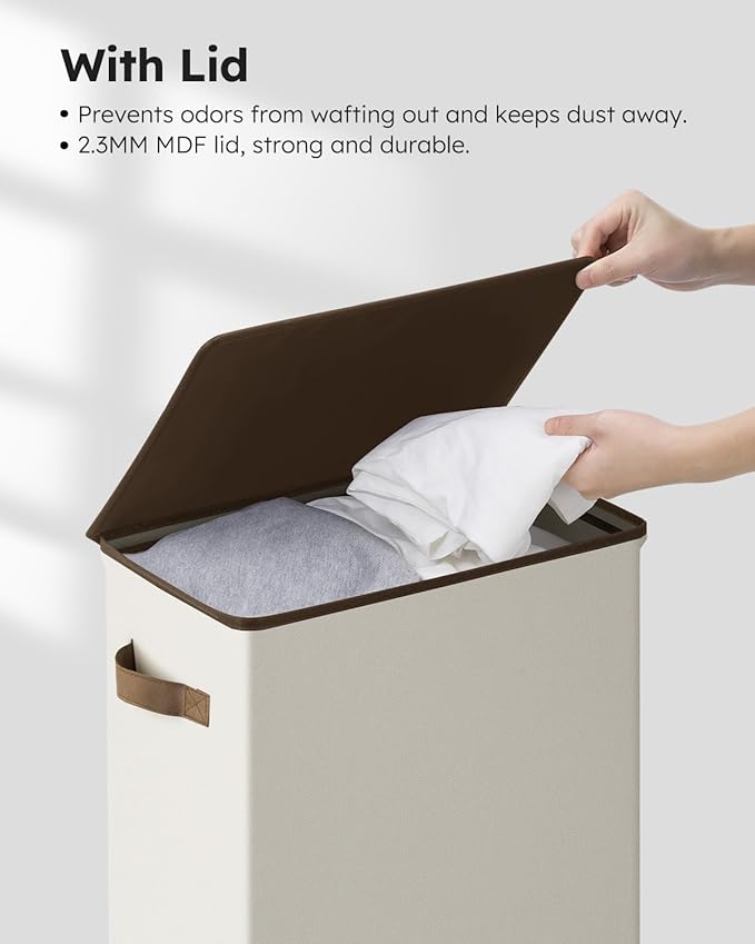 SOLEDI Slim Laundry Hamper with Lid, Narrow Laundry Basket with Removable Bags, Dirty Clothes Hamper with handle, Small Hamper perfect for Laundry room, Bathroom, Bedroom, Small spaces. 70L Beige