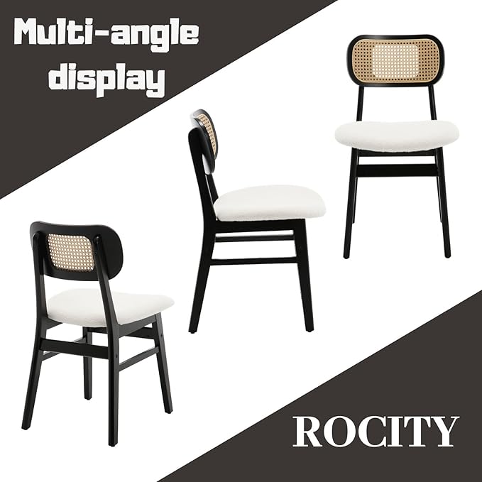 Black Rattan Dining Chairs Set of 4 Lambswool Dining Room Chairs Natural Wooden Kitchen Chairs Farmhouse Boho