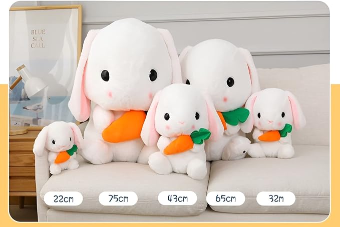 HOUPU Soft Toy - Sitting Lop Eared Rabbit, Easter White Rabbit Stuffed Bunny Animal with Carrot Soft Lovely Realistic Long-Eared Standing Pink Plush Toys (White-Carrot,8.6in/22cm)