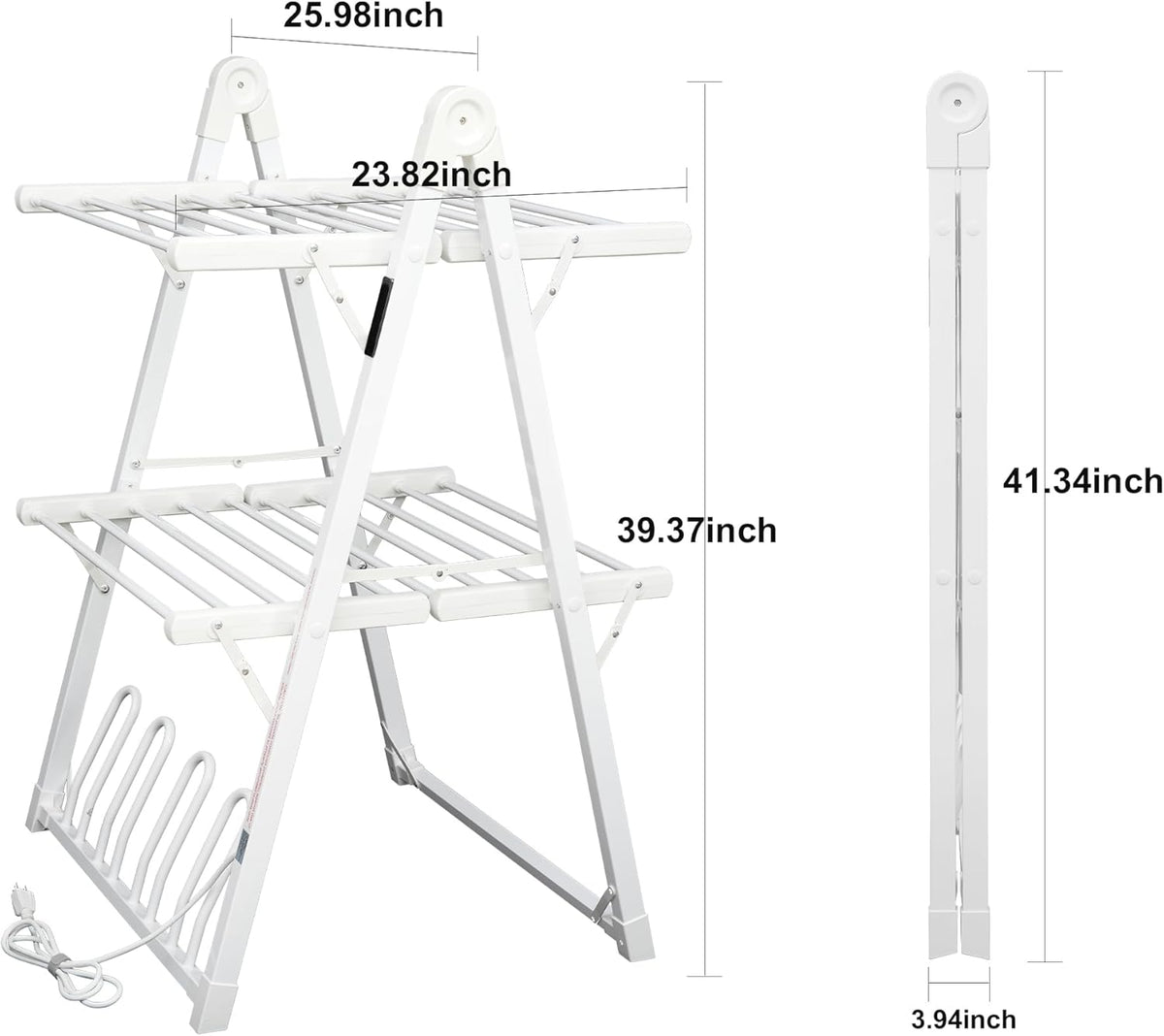 Electric Heated Clothes Drying Rack,Foldable Heated Garment Dryer with Timer Shut-Off Laundry Rack for Clothes Shoes Socks,Aluminum Alloy,White,Plug & Play,(39.37x25.98x23.82in)