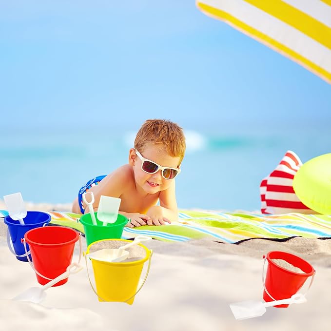 The Dreidel Company 6-Count Beach Day Playsets 5.25" Inch Sand Bucket Play Set Box Includes, Pail & Shovel Sand Toy for Boys and Girls Birthday Party Favor
