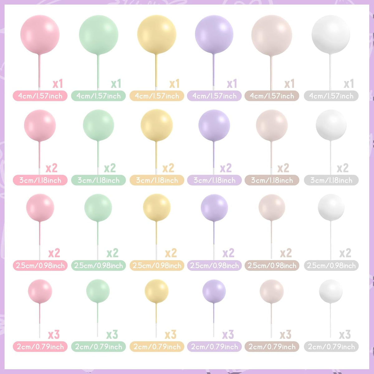 48 Pcs Balls Cake Topper Decorations Balloon Cupcake Toppers Foam Cake Topper Balls Cake Balls Decorations for Birthday Party Wedding Cake Decorating(Pink,Green,Yellow,Purple,Brown,White)