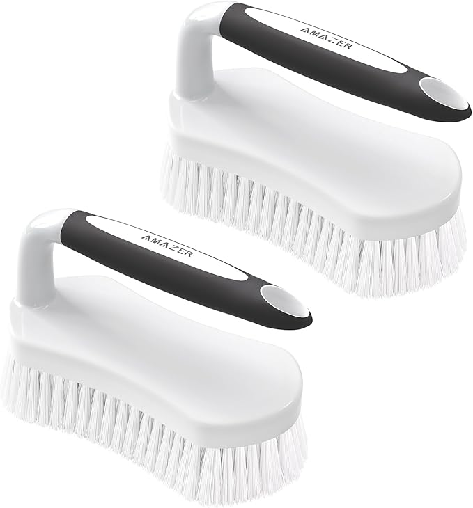 Amazer Scrub Brush for Cleaning Comfort Grip Shower Scrubber Stiff Bristles with Handle Heavy Duty Cleaner Brush for Tub Sink Carpet Floor - Pack of 2 (Black+Black)