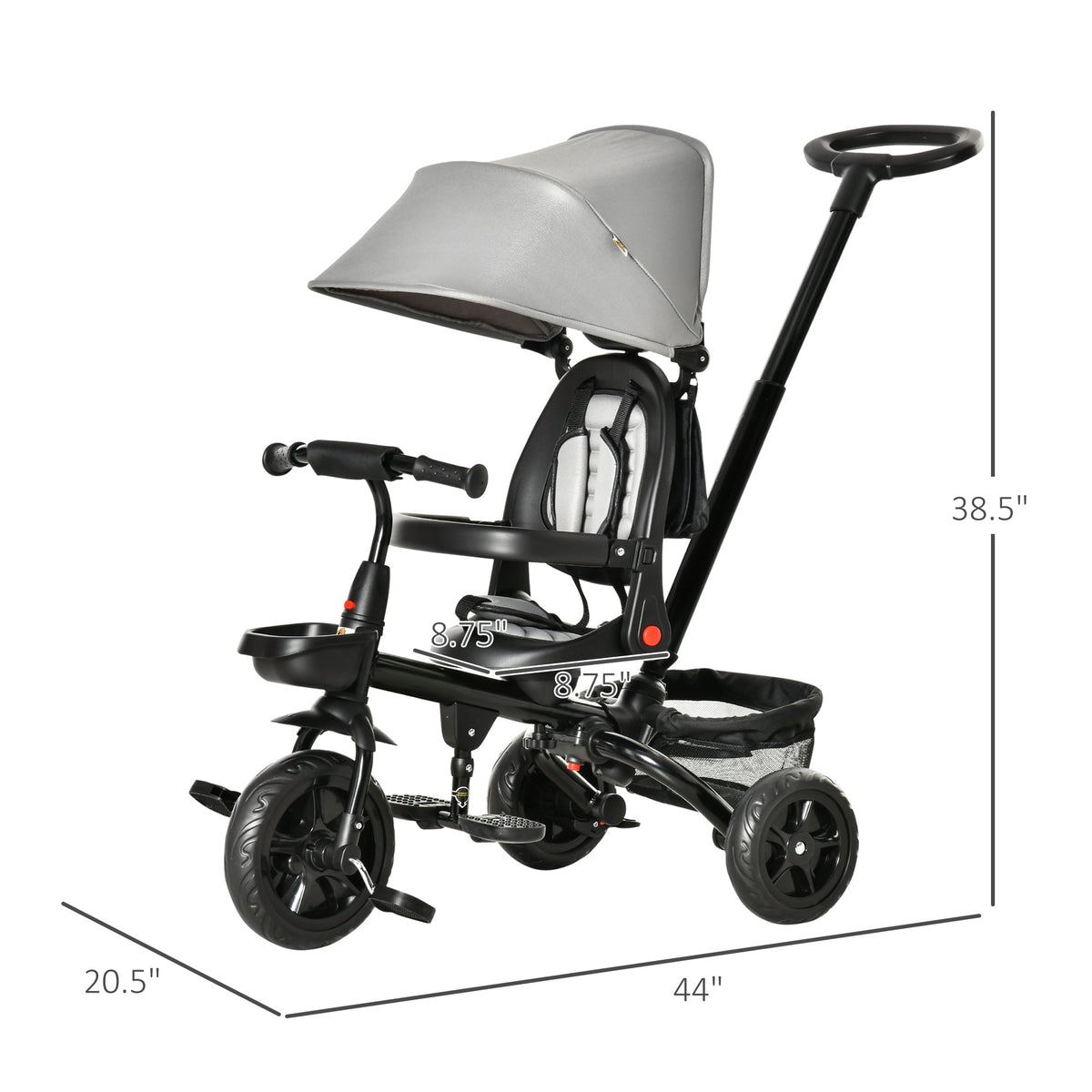 Kids Tricycle, 5 in 1 Foldable Trike with Reversible Seat, Adjustable Parent Handle, Safety Harness, Wheel Brakes, Gray