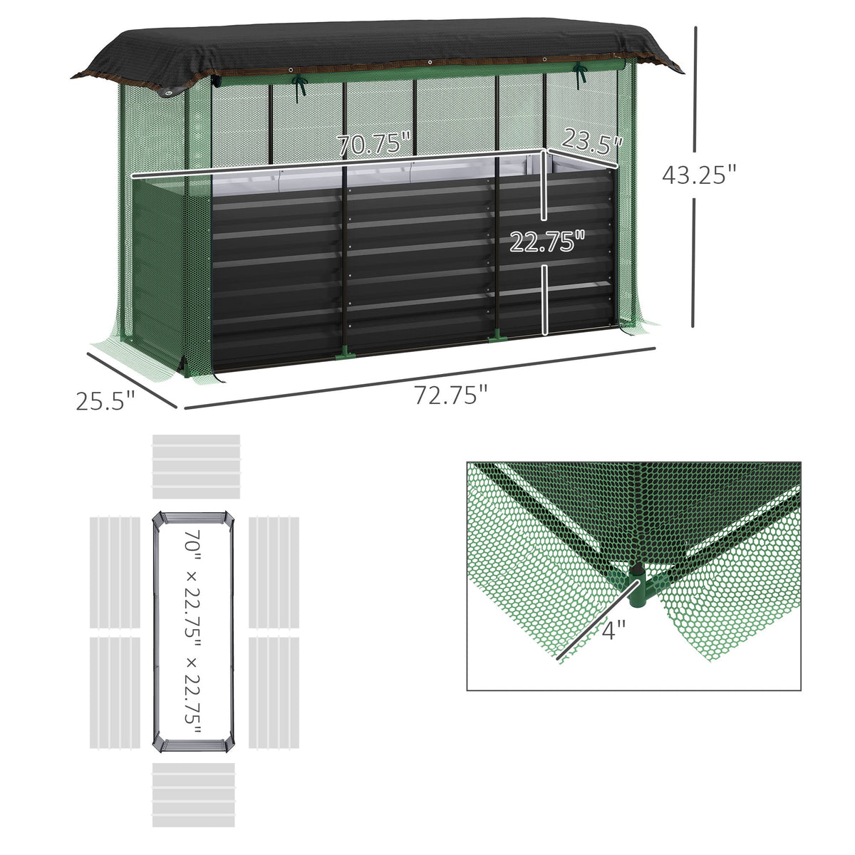 Galvanized Steel Planter Box with Crop Cage and Shade Cloth, Raised Garden Bed for Flowers, Veggies and Herbs, Dark Gray