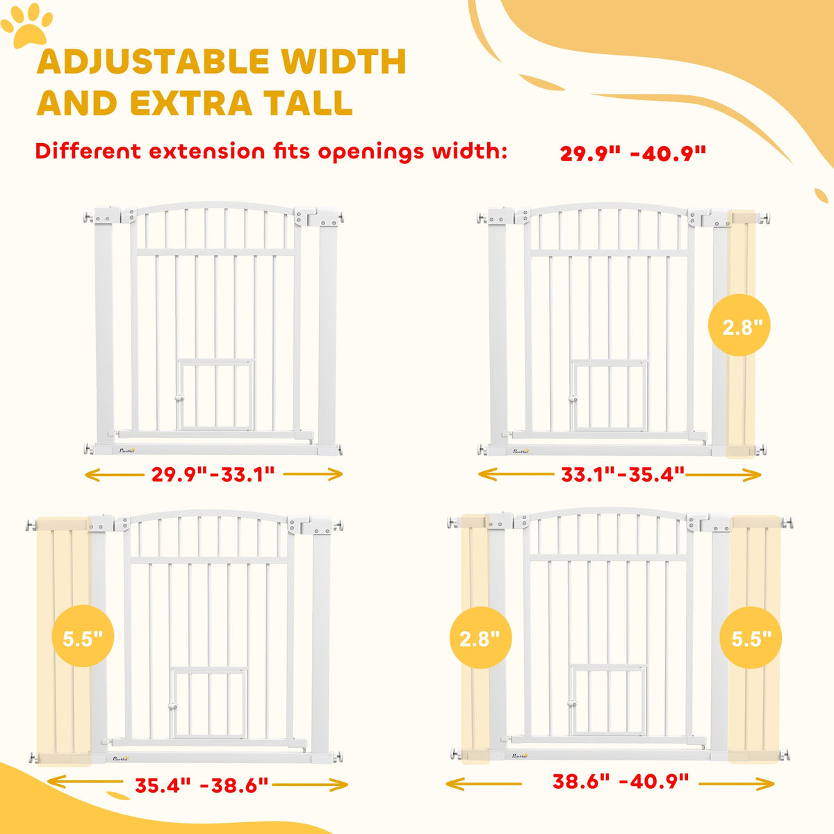 30"-41" Extra Wide Walk Through Dog Gate w/ Cat Door, 3-Inch & 5.5-Inch Extension Kits, 30" High