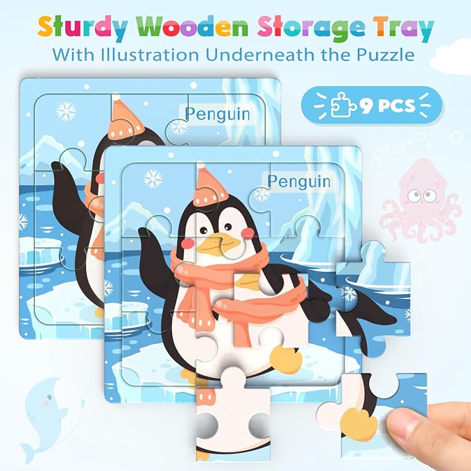 Zeoddler Wooden Puzzles for Toddlers, 8 Pack Sea Animal Jigsaw Puzzles for Kids3-5, 9 Pieces Preschool Learning Activities, Learning & Educational Toys, Gift for Boys, Girls